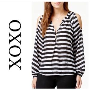 🆕 XOXO Black White Striped Cold Shoulder Top